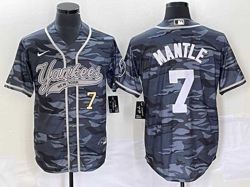 Men%27s New York Yankees #7 Mickey Mantle Number Grey Camo Cool Base With Patch Stitched Baseball Jersey